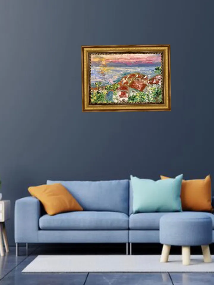 Canarian islands landscape painting,original oil impasto style canvas painting,seascape wall art,beautiful sunset painting