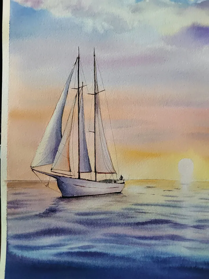 Original Watercolor Painting Sea Landscape Art Sea Sunset Artwork Yacht Picture 30x40 cm by SoftWaves