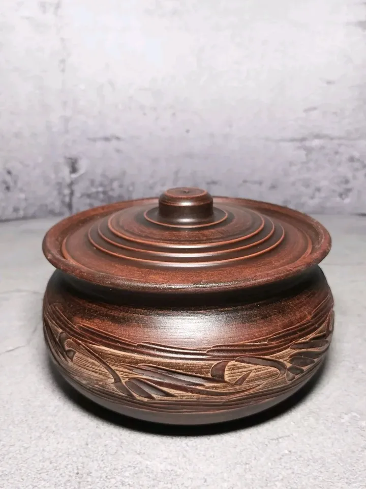 Pottery casserole. Handmade from red clay, carved pattern. Eco-friendly product