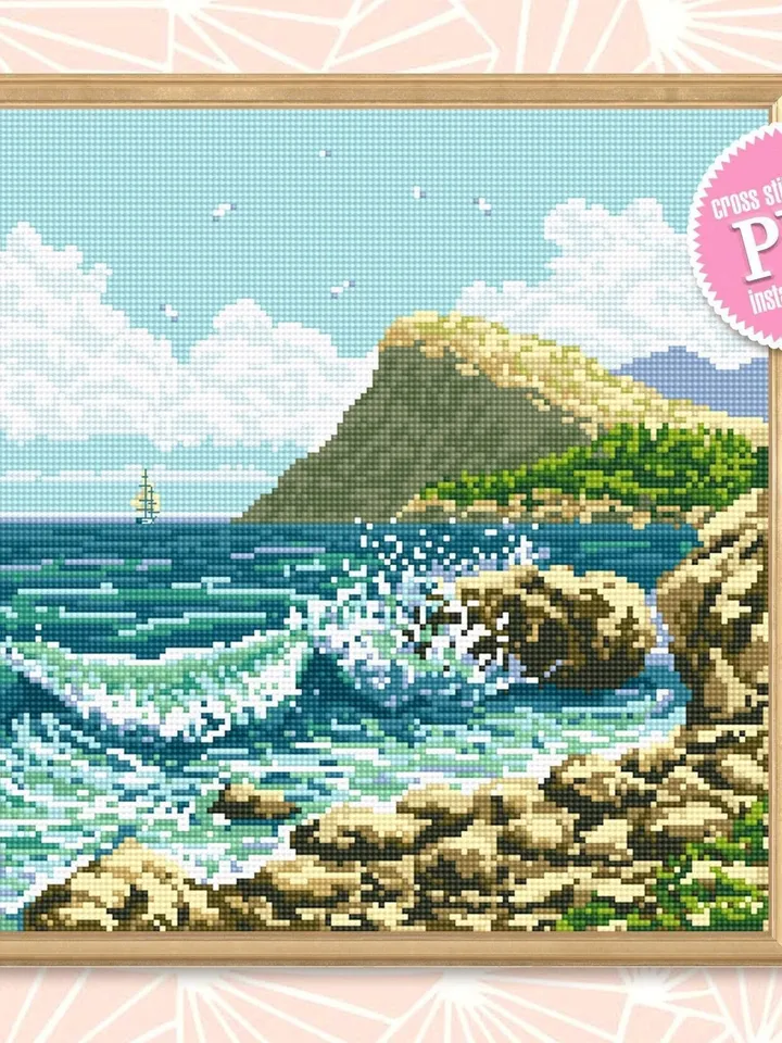 Ocean waves cross stitch pattern PDF download Nature landscape cross stitch chart, Sea beach cross stitch, Ocean pattern digital PDF #L36