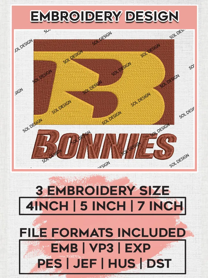 NCAA Bonnies Team Word Logo Embroidery Design Files, NCAA St Bonaventure Bonnies Machine Embroidery, NCAA Teams, 3 sizes, NCAA Machine embroidery designs, Digital Download