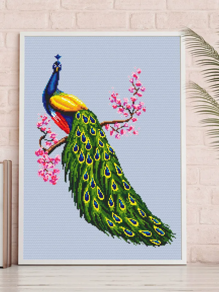 Peacock cross stitch pattern download PDF, Colorful bird hand embroidery PDF, Peacock feathers cross stitch, Spring flowers cross stitch #D3