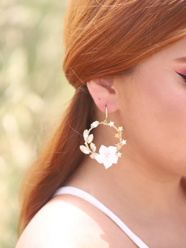 Hoop Star Celestial Gold Wedding Earrings, Porcelain Flowers Bridal Earrings, Swarovski Crystal Statement Wedding Jewelry, Boho Jewellery