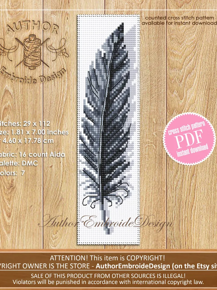 Black feather bookmark cross stitch pattern PDF download Feather cross stitch chart, Simple bookmark pattern digital PDF Bird bookmark #B294
