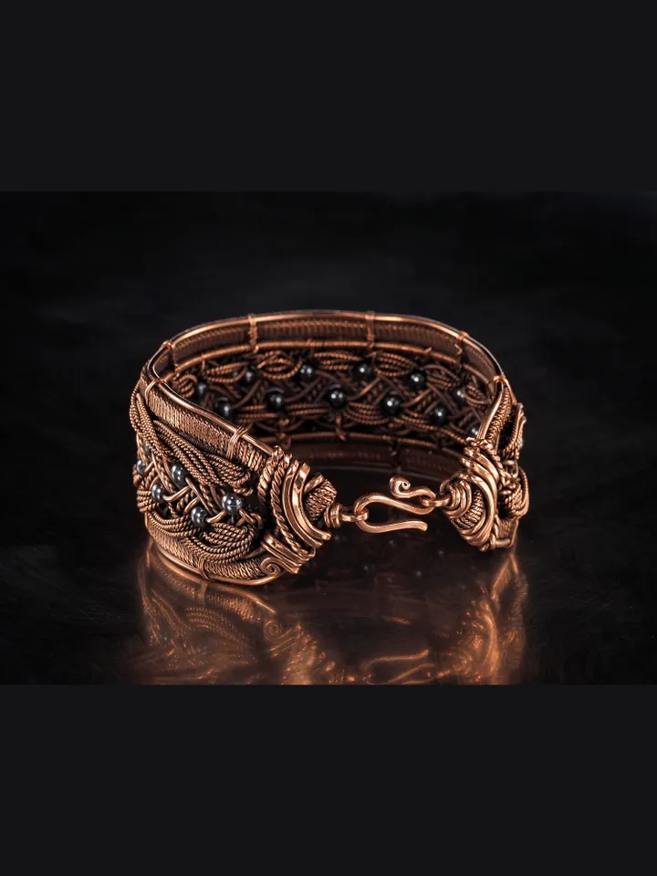 Copper wire wrapped bracelet with hematite for lady Antique style WireWrapArt