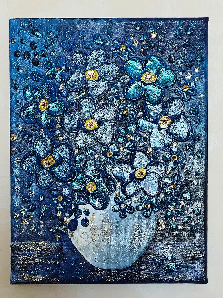 Flower Bouquet Blue Textured Painting Wall Decor