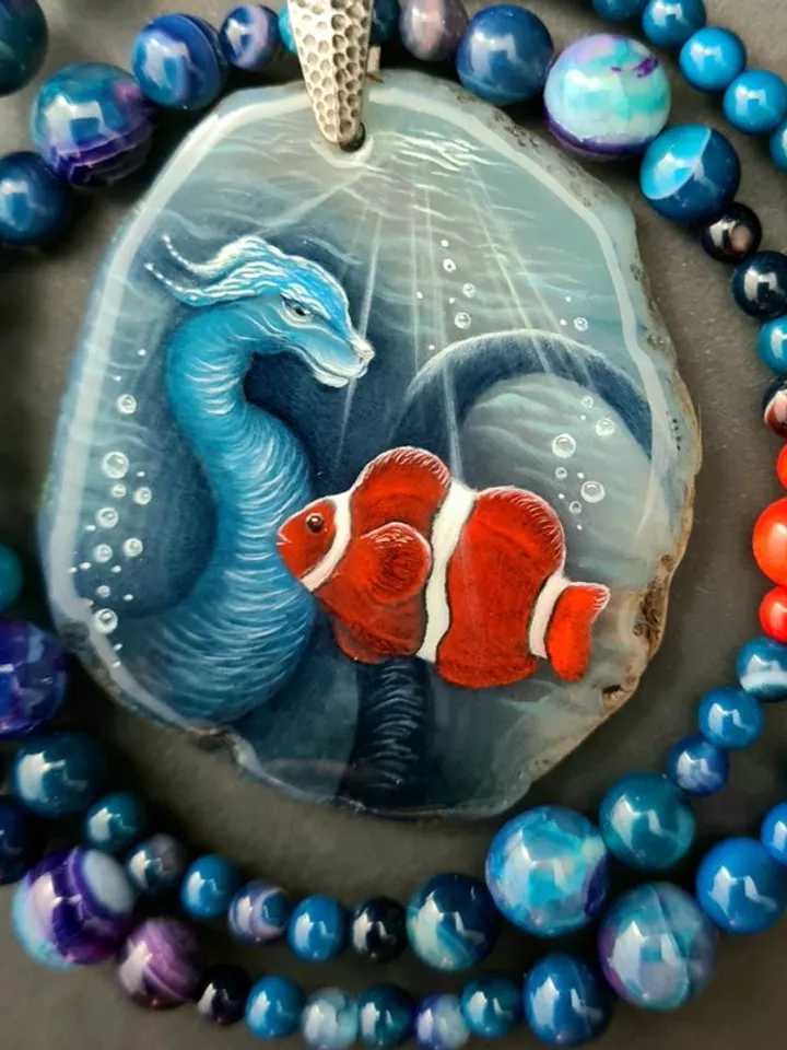 Dragon necklace Blue Dragon on Agate Stone charm Christmas Gift Wrapping