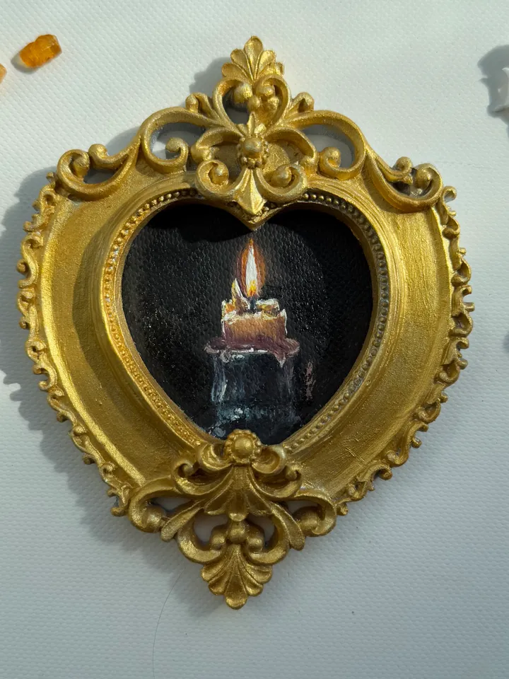 Candle Oil Painting Original In Vintage Style Frame Small Framed Still Life Art Victorian Wall Decor