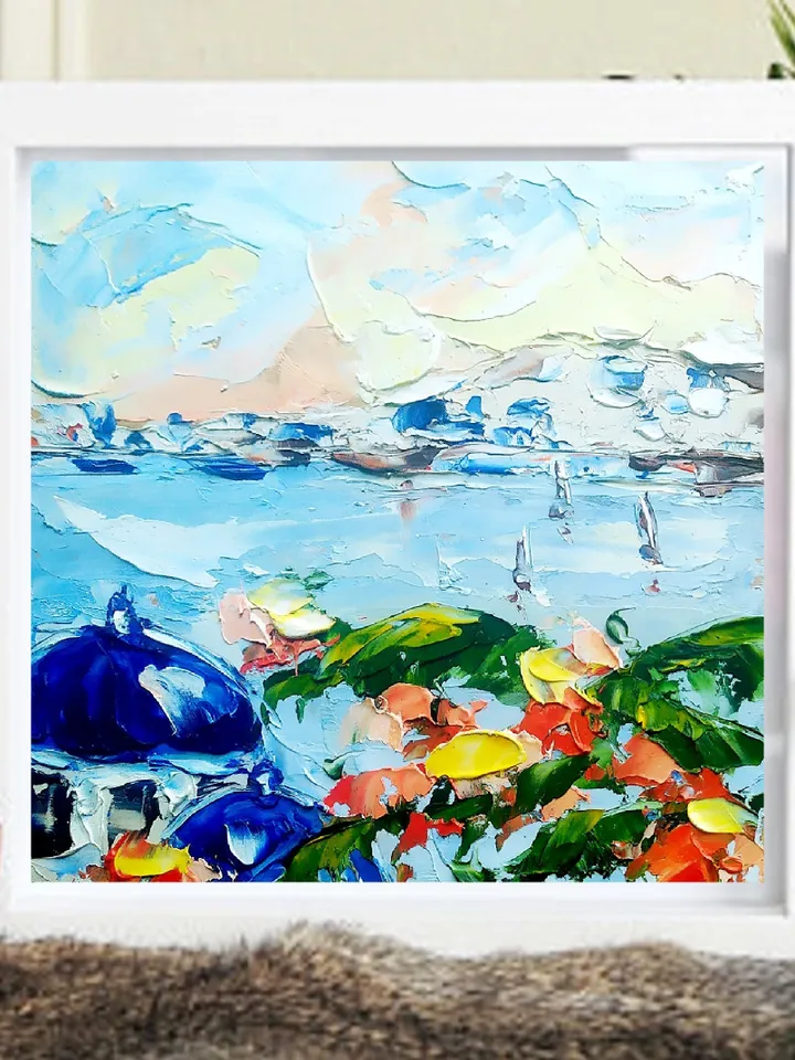 Santorini Custom Painting Greece Original Art 6x6 Floral Painting Cityscape Art Original Oil Painting by ArtProkopaloSv
