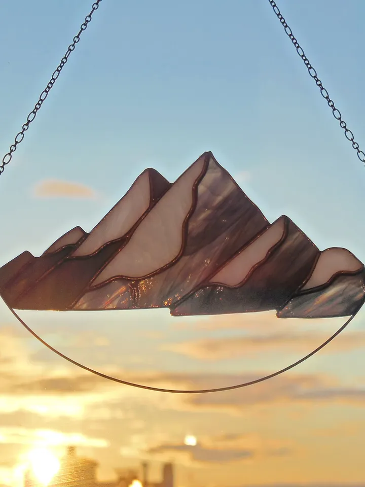 Mountains . Art Stained Glass window hanging Panel Suncatcher . landscape , garden outdoor decor