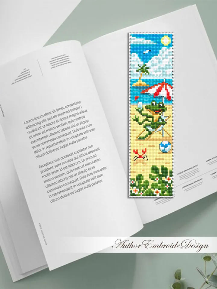Summer bookmark cross stitch pattern PDF download Funny frog cross stitch chart, Beach bookmark pattern digital PDF, Beach vacation #B448