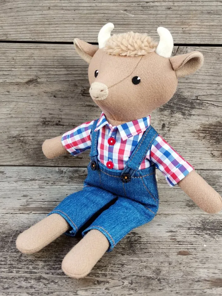 Beige bull, handmade plush cow doll, stuffed wool fabric toy, bull textile doll