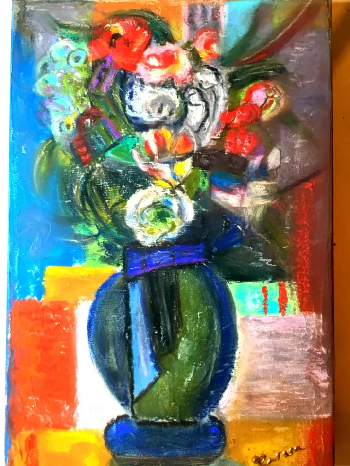 Flowers pastel original painting.Hand made abstract painting on 3 d canvas.