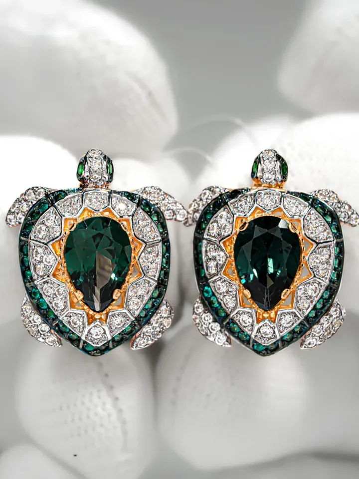 Earrings Silver gold plated 925 assay value with tourmaline and cubic zirconia