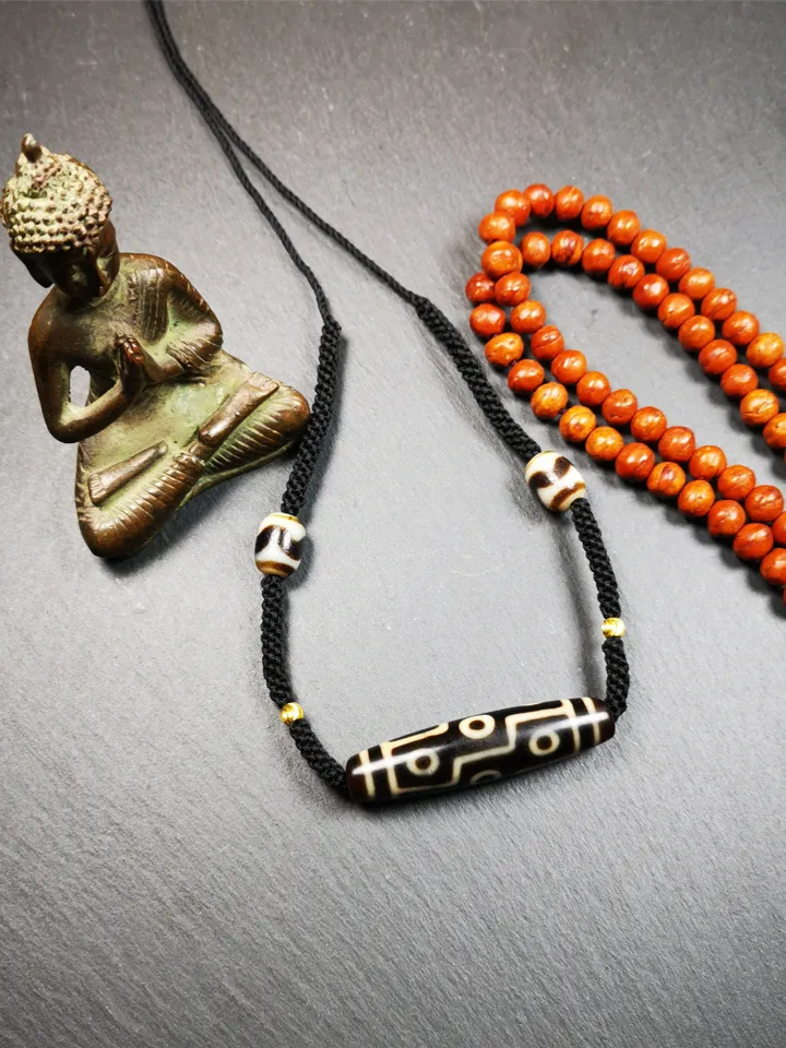 Gandhanra Antique Tibetan 9 Eyed Dzi Bead Necklace, 2.1&quot; x 0.51&quot;, 30 Years Old