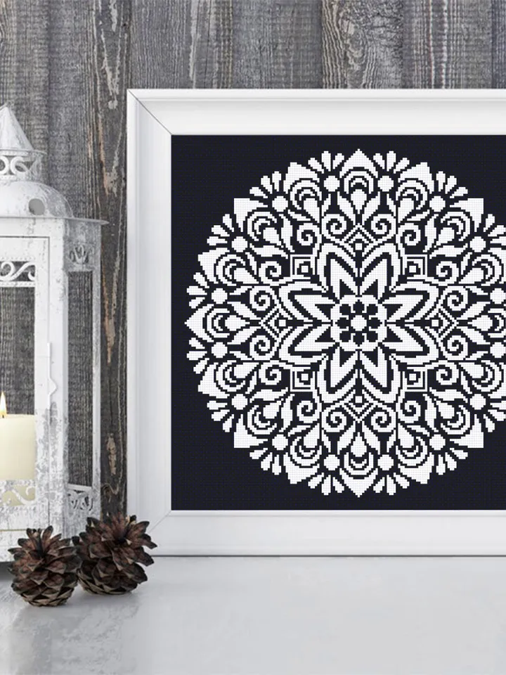 Monochrome mandala cross stitch pattern PDF instant download Mandala ornament cross stitch chart, Flower mandala pattern digital PDF #M175