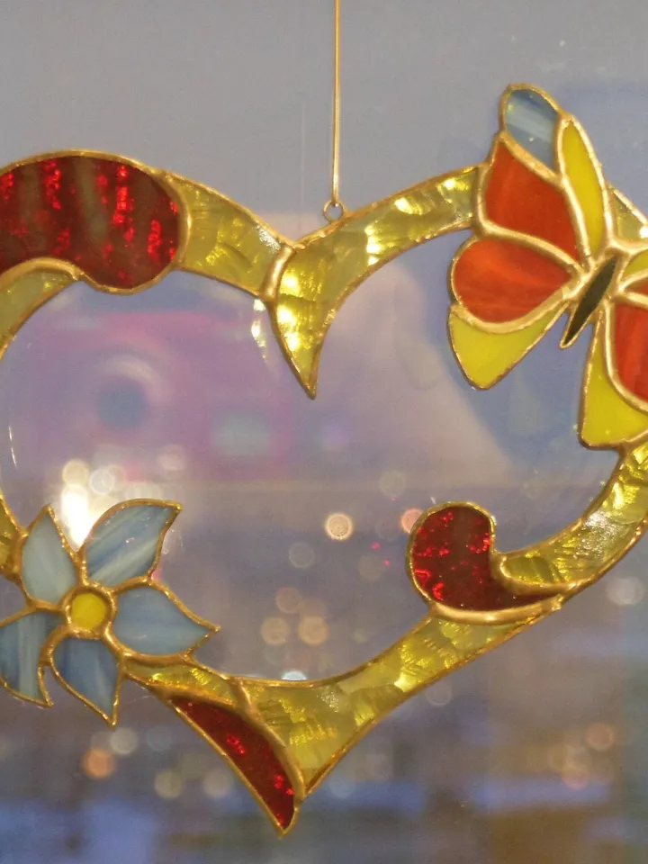 Valentine Heart with Flower and Butterfly . Red Yellow Blue . Art Stained glass window hanging Suncatcher