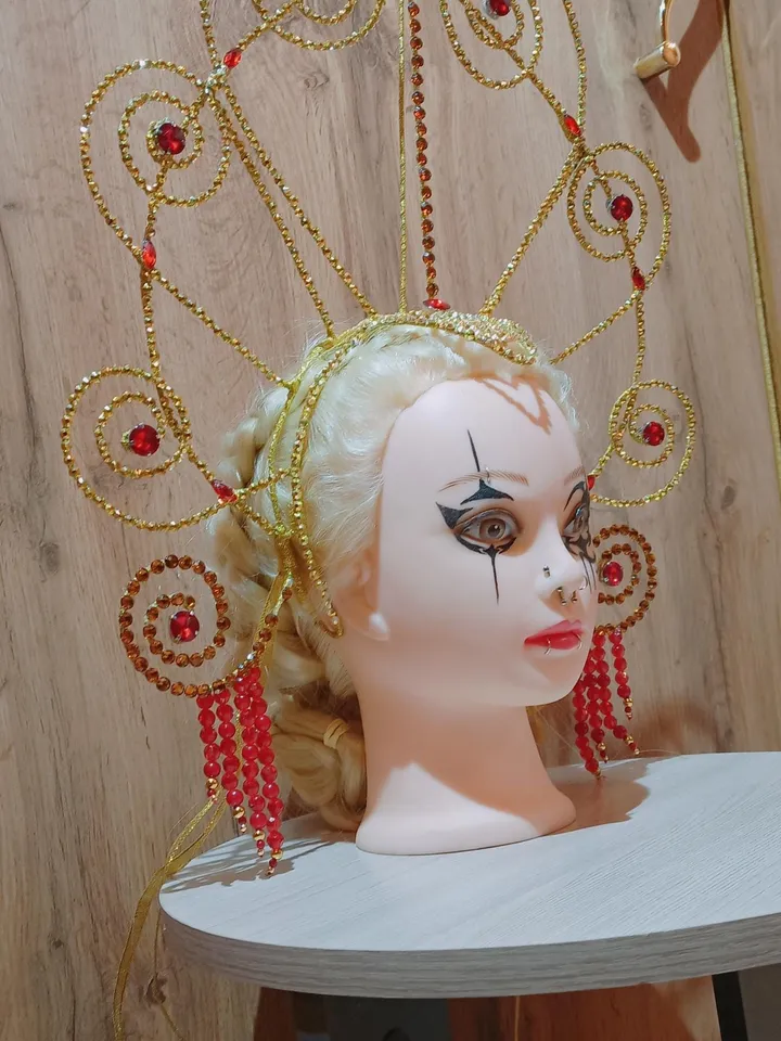 Golden Crystal Head,carnival crown,festival headdress,burlesque crown,golden headdress for girls from show, headdress for girls from cabaret