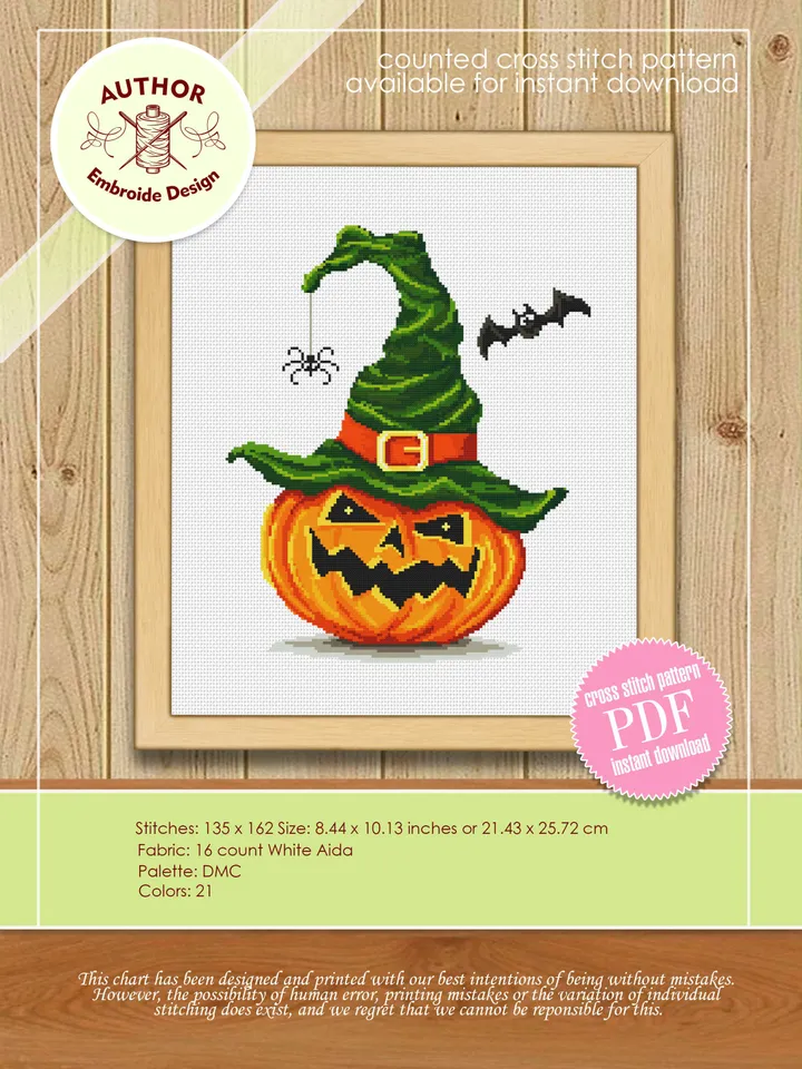Halloween pumpkin cross stitch pattern PDF download Witch hat cross stitch chart, Happy Halloween pattern digital PDF, Halloween decor #H5