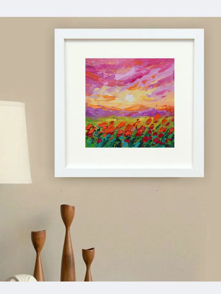 Tuscany art Sunset painting Poppy original art landscape artwork 6 by 6 in Mountain small art by Juliya JC