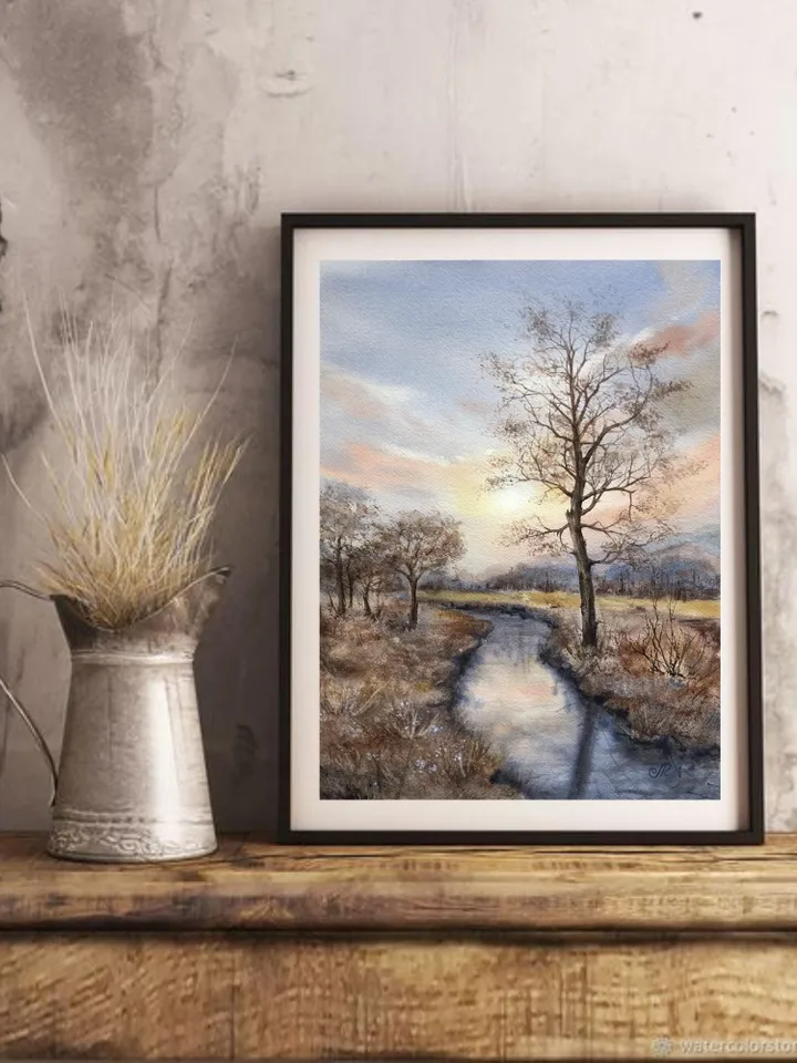 Original Landscape River Watercolor Painting Autumn Wall Art