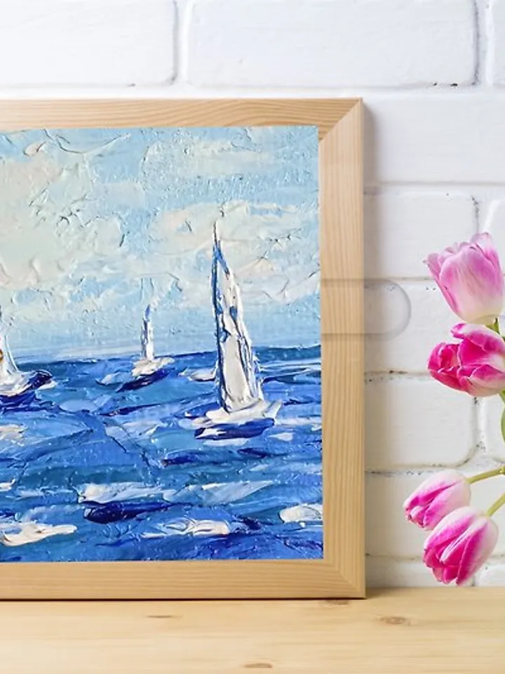 Miniature original oil painting seascape Sea regatta painting in dollhouse
