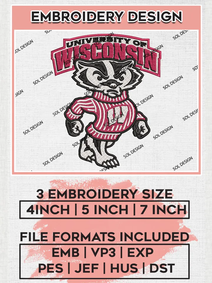 Wisconsin Badgers Team Mascot Logo Embroidery Design Files, NCAA Wisconsin Badgers Machine Embroidery, NCAA Teams, 3 sizes, NCAA Machine embroidery designs, Digital Download