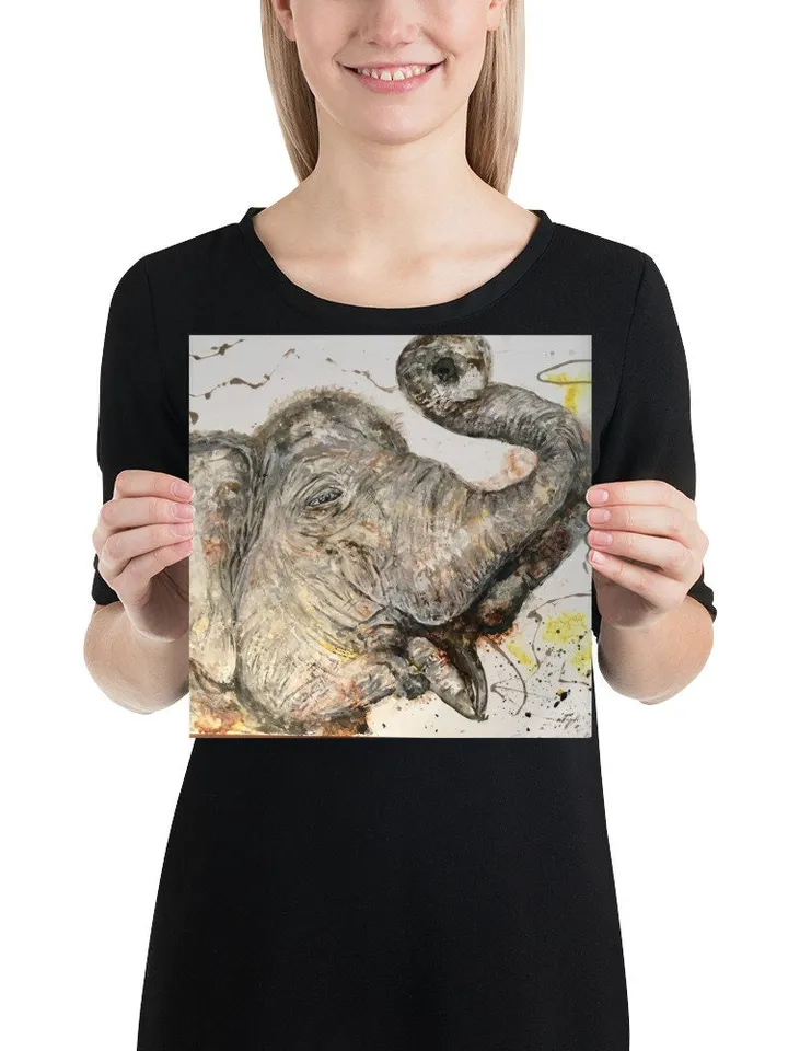 White Elephant Poster made with my original watercolour mix media painting on yupo paper,unique handmade artwork,home decoration.