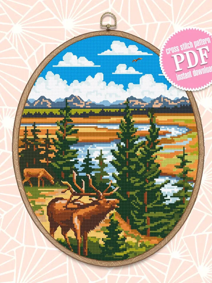 Yellowstone National Park cross stitch pattern PDF download Nature cross stitch chart, Deer embroidery PDF, Wildlife pattern digital #L29