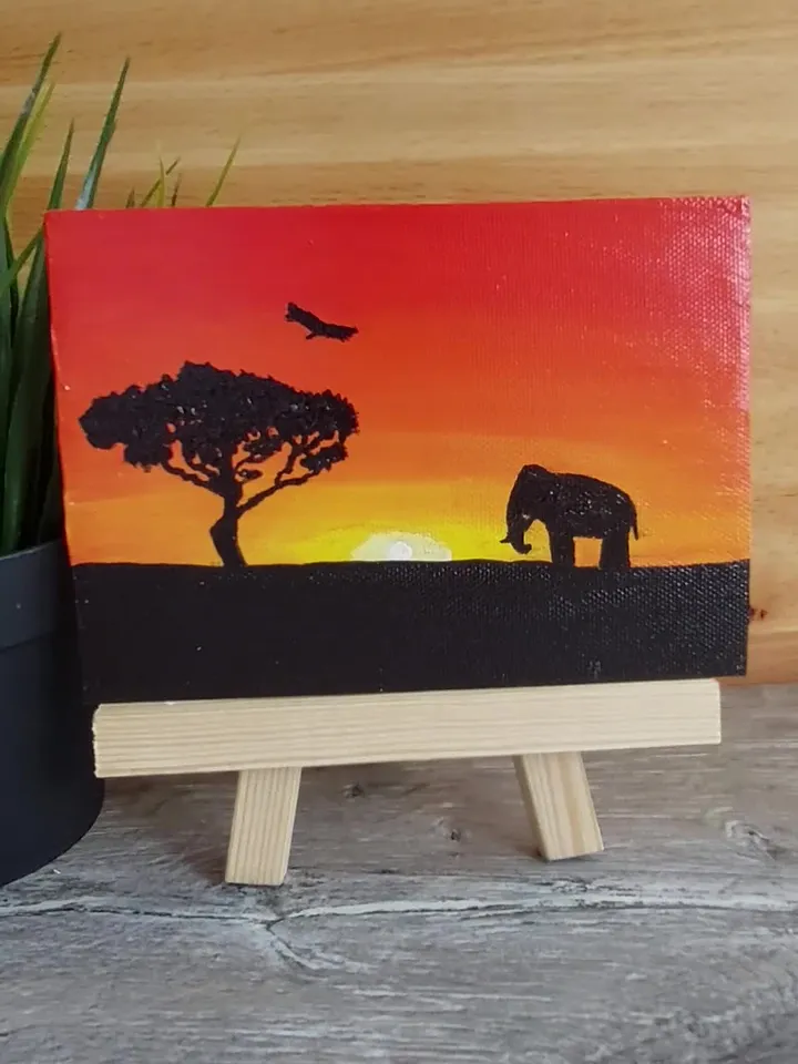 Mini painting depicting "Sunset in the jungle", Original design, Painting on a panel