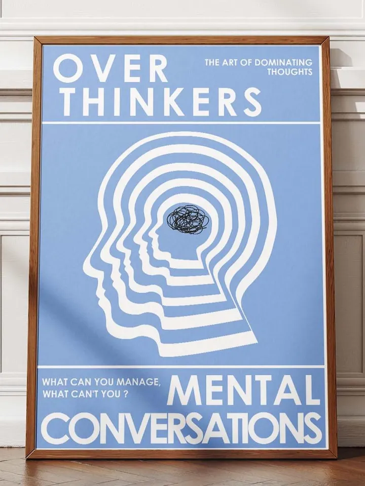 Overthinkers Wall Art Digital Print Retro Style Creativity Poster Eclectic Printable Artwork Trendy Room Decor Instant Download Blue White