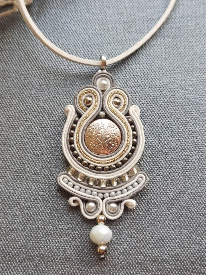 White necklace, Boho pendant, Embroidered necklace, Ethnic necklace, Soutache