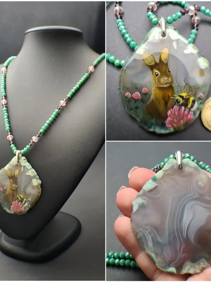 Necklace with rabbit, bumblebee Painting Agate stone Christmas Gift Wrapping