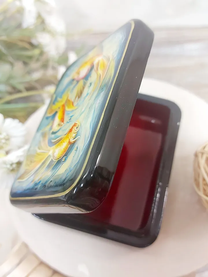 Beautiful Russian Lacquer Box "Fishes",Fedoskino miniature Hand painted ,box for jewelry Mother of pearl, Art gift