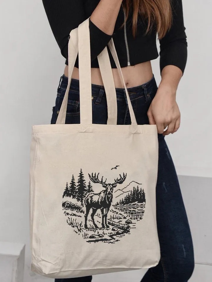 Woodcut elk cross stitch pattern PDF download Deer cross stitch chart, Monochrome animal pattern digital PDF, Mountain landscape #L86