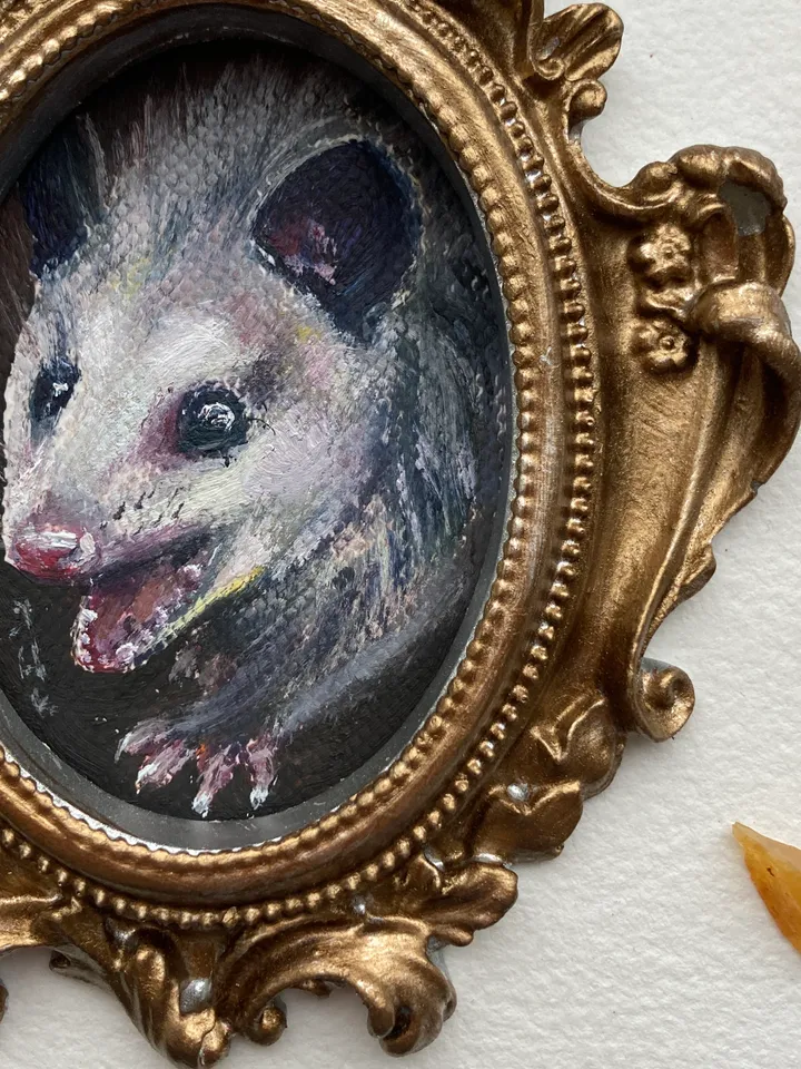 Opossum Oil Painting Original In Vintage Style Frame Small Framed Animals Wildlife Art