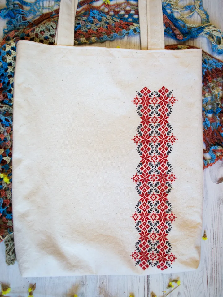 Hand embroidered tote bag "Tradition" with Belarusian folk ornament. Made of natural cotton with cross-stitch embroidery, linen lining and magnetic closure. Unique handmade gift preserving cultural heritage
