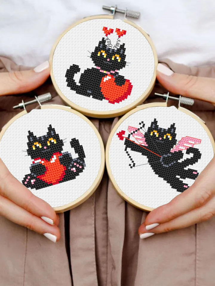 Set Cat valentines day cross stitch pattern download PDF Funny black cat cross stitch chart, Cute cat valentine cross stitch, Cat lover #T9