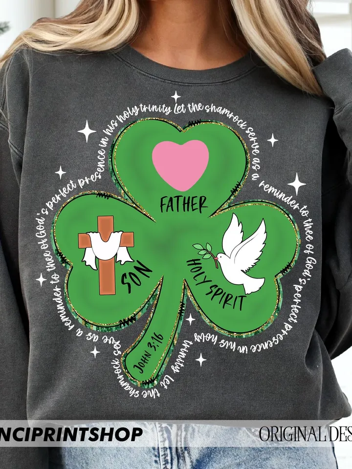 Shamrock Holy Trinity - St. Patrick's Day Bible Verse Cards, Father, Son & Holy Spirit 3 Leaf Clover, Christian St. Patrick's PNG, Regilious