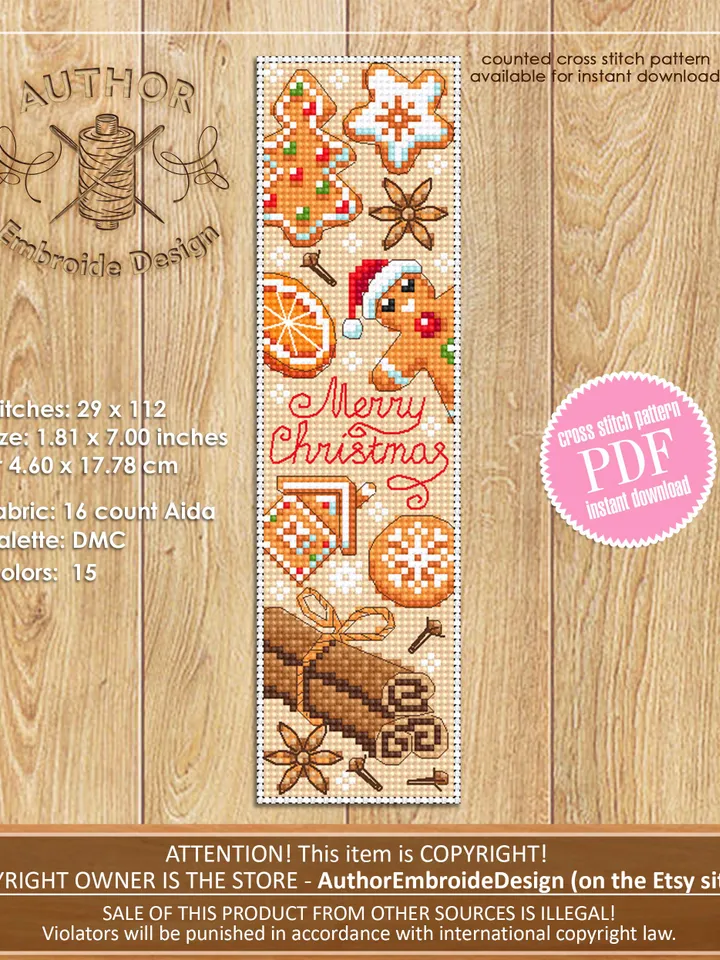 Christmas bookmark cross stitch pattern PDF download Christmas gingerbread cross stitch, Bookmark pattern digital PDF, Christmas spice #N381