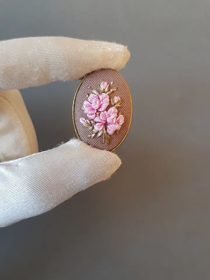 Ribbon embroidered brooch for her, handmade embroidery jewelry