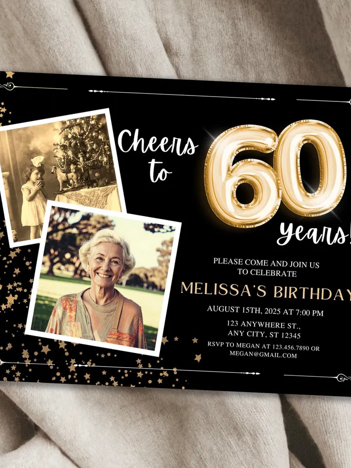 60th Birthday Invitation with Photo Adult Women Men Cheers to 60th Birthday Invite Black and Gold Party Card for Grandma Canva Template