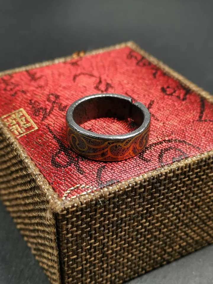 Gandhanra Unique Tibetan Cloud Pattern Ring | Cold Iron & Copper Inlay | Adjustable US Size 10 | Protection Jewelry