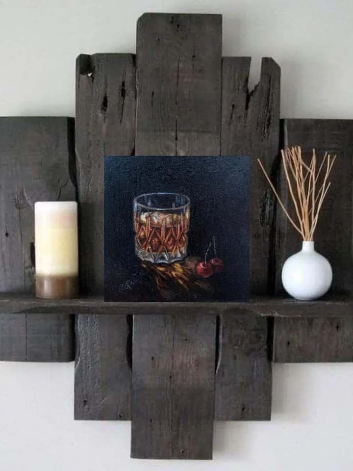 Whiskey Oil Painting Glass of Whiskey Art Cocktail Original Painting Drinks Wall Art