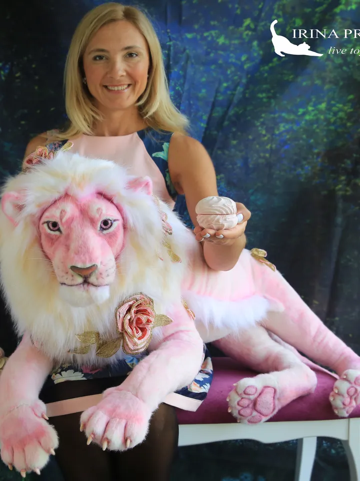 Lion Marshmallow realistic plush animals. Ooak toy. Pink Lion stuffed toy