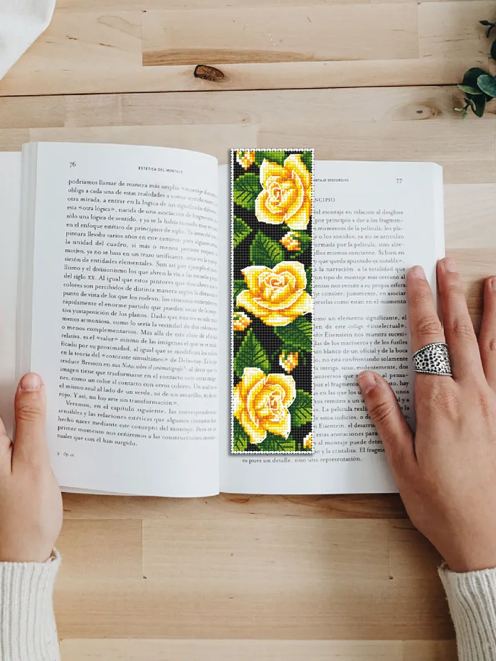 Flower bookmark cross stitch pattern PDF download Yellow rose cross stitch chart, Handmade bookmark digital PDF, Floral cross stitch #B212