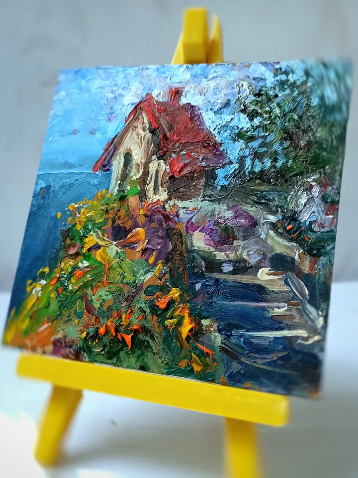 The Small House On The Ocean, oil, cardboard, 4x4" 🏡