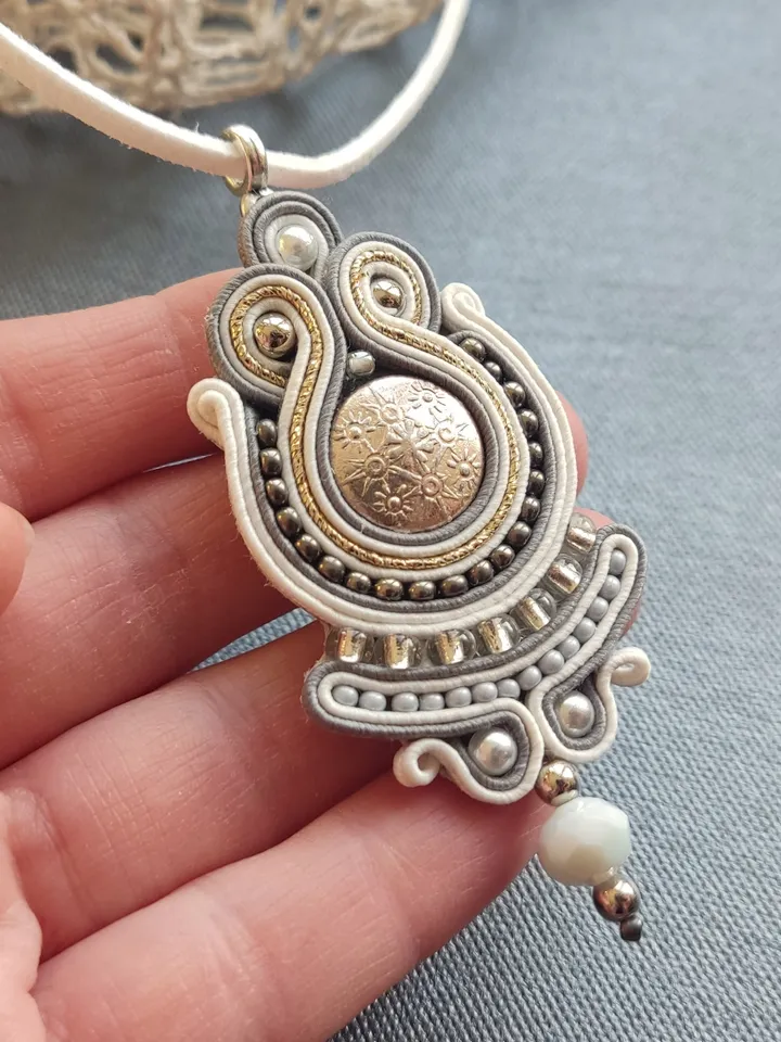 White necklace, Boho pendant, Embroidered necklace, Ethnic necklace, Soutache