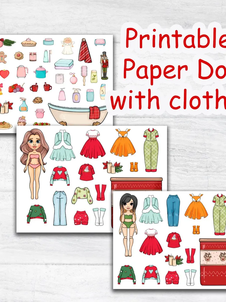 Christmas Paper doll house printable, printable doll with a set clothes, Holiday Blythe paper doll dress up, Busy book printable crafts kids