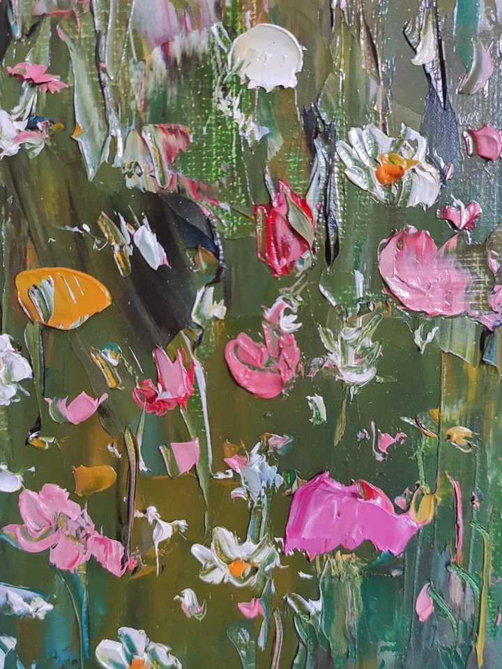 Oil painting abstract landscape with wildflowers.